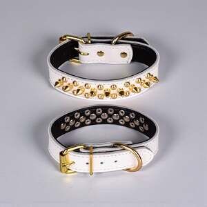 Bbmmayy White Genuine Leather Spiked Studded Dog Collar with Gold Spikes